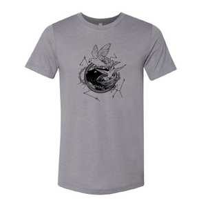 Storm grey T-shirt with white illustration of Dustspinners, constellations, and chains swirling around Faithful the cat