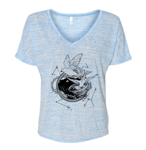 Blue Marble V-Neck T-Shirt with illustration of Dustspinners, constellations, and chains swirling around Faithful the cat