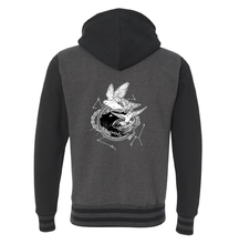 Load image into Gallery viewer, Back of Black and charcoal varsity hoodie with white illustration of Dustspinners, constellations, and chains swirling around Faithful the cat