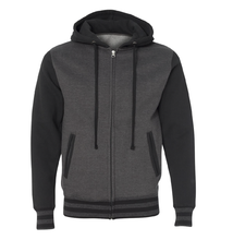 Load image into Gallery viewer, Front of Black and charcoal varsity hoodie on white background.