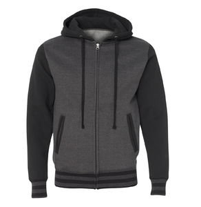 Front of Black and charcoal varsity hoodie on white background.