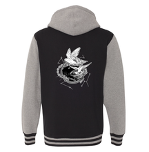 Load image into Gallery viewer, Back of Black and gunmetal varsity hoodie with white illustration of Dustspinners, constellations, and chains swirling around Faithful the cat