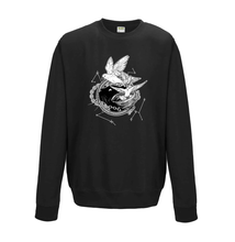 Load image into Gallery viewer, Black sweatshirt with white illustration of Dustspinners, constellations, and chains swirling around Faithful the cat