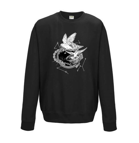 Black sweatshirt with white illustration of Dustspinners, constellations, and chains swirling around Faithful the cat