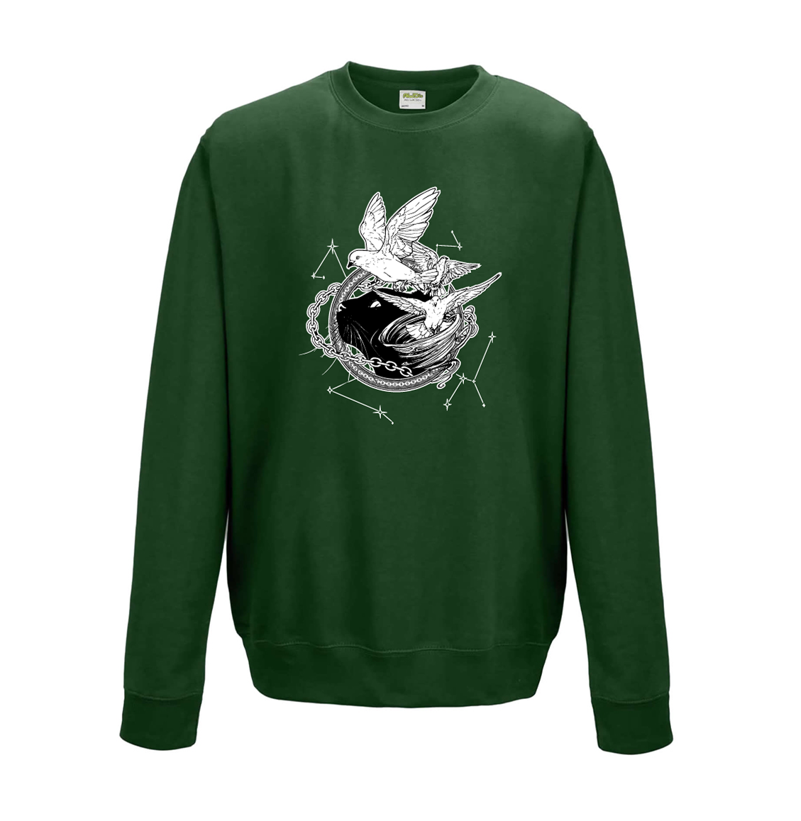 Green sweatshirt with white illustration of Dustspinners, constellations, and chains swirling around Faithful the cat