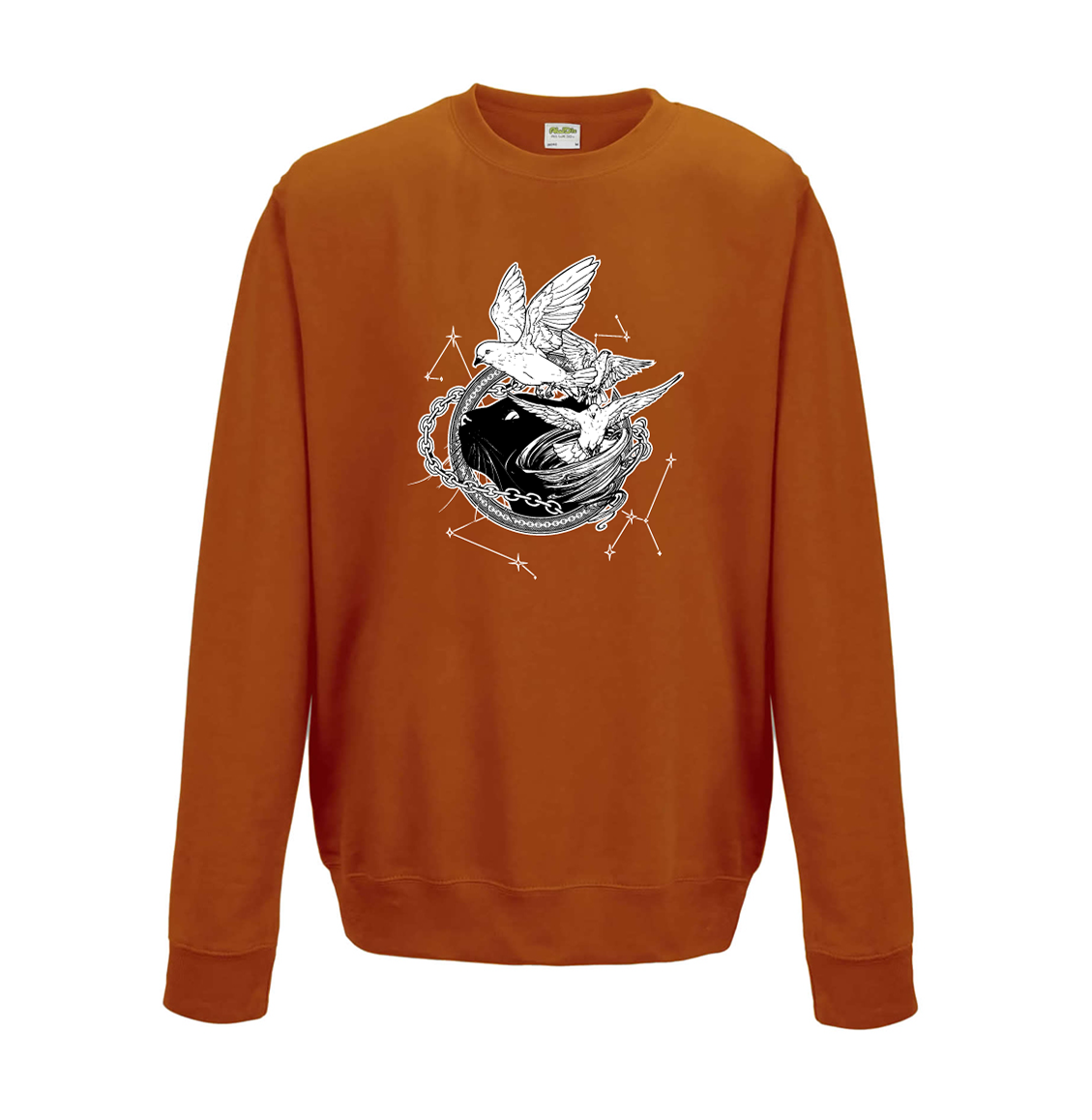 Orange sweatshirt with white illustration of Dustspinners, constellations, and chains swirling around Faithful the cat