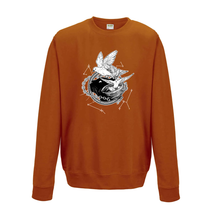 Load image into Gallery viewer, Orange sweatshirt with white illustration of Dustspinners, constellations, and chains swirling around Faithful the cat