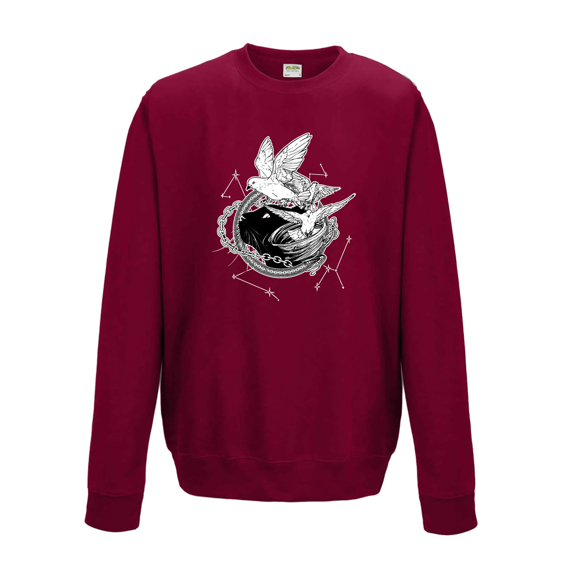Red sweatshirt with white illustration of Dustspinners, constellations, and chains swirling around Faithful the cat