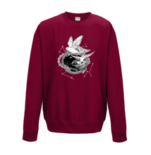 Load image into Gallery viewer, Red sweatshirt with white illustration of Dustspinners, constellations, and chains swirling around Faithful the cat