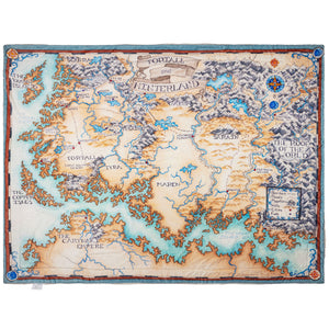 Full view of the illustrated side of Tamora Pierce Sherpa-lined Tortall Map blanket.
