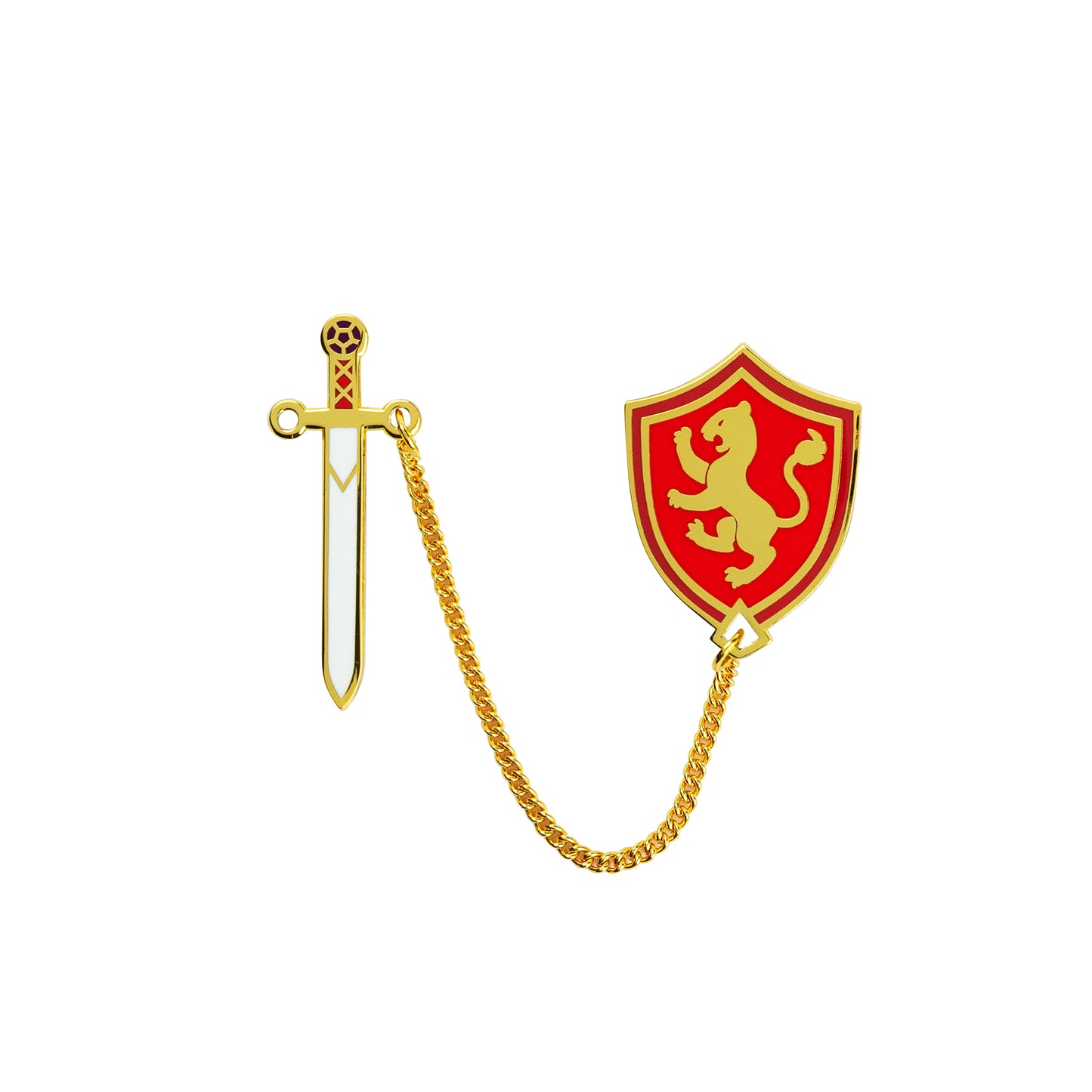 The Tamora Pierce Alanna Sword & Shield pins against a white background.