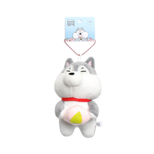 Load image into Gallery viewer, Grey and white husky keyring plush with peach keyring hanging from tag on white background.