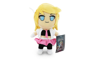 Front view of Saffron plush with One Step from Eden hangtag on white background.