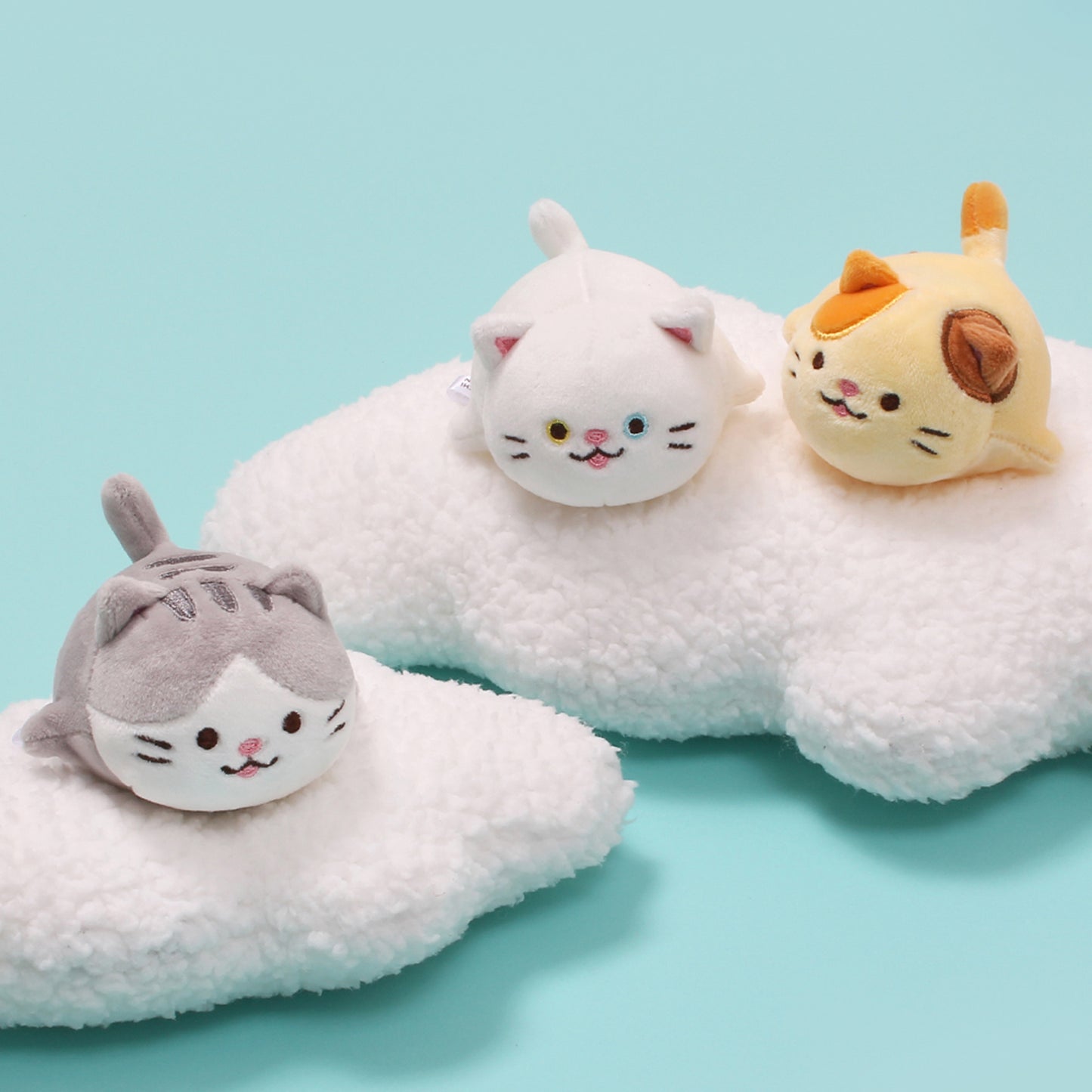 The whole cat trio: Mackerel, Odd, and Cheese, together on white cloud plushes on teal background.