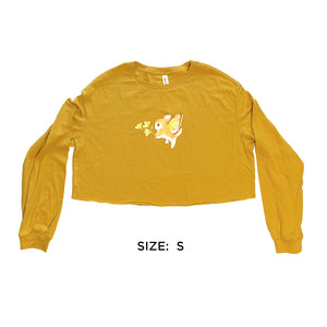 Goldenrod Size Small Bunnerfly long sleeve crop tee laid flat on white background.