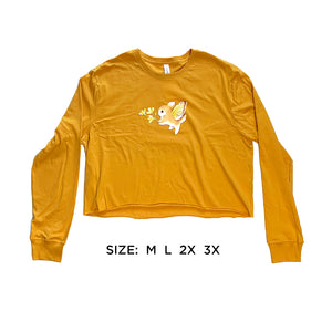 Goldenrod Bunnerfly long sleeve crop tee in more saturated color sizes (M, L, 2X, 3X) laid flat on white background.