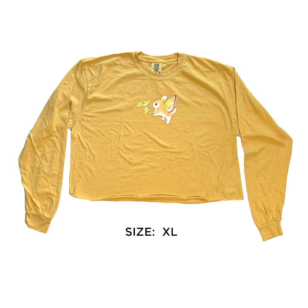 Goldenrod Bunnerfly long sleeve crop tee (Size XL, less saturated goldenrod color) laid flat on white background.