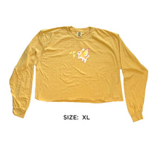 Load image into Gallery viewer, Goldenrod Bunnerfly long sleeve crop tee (Size XL, less saturated goldenrod color) laid flat on white background.