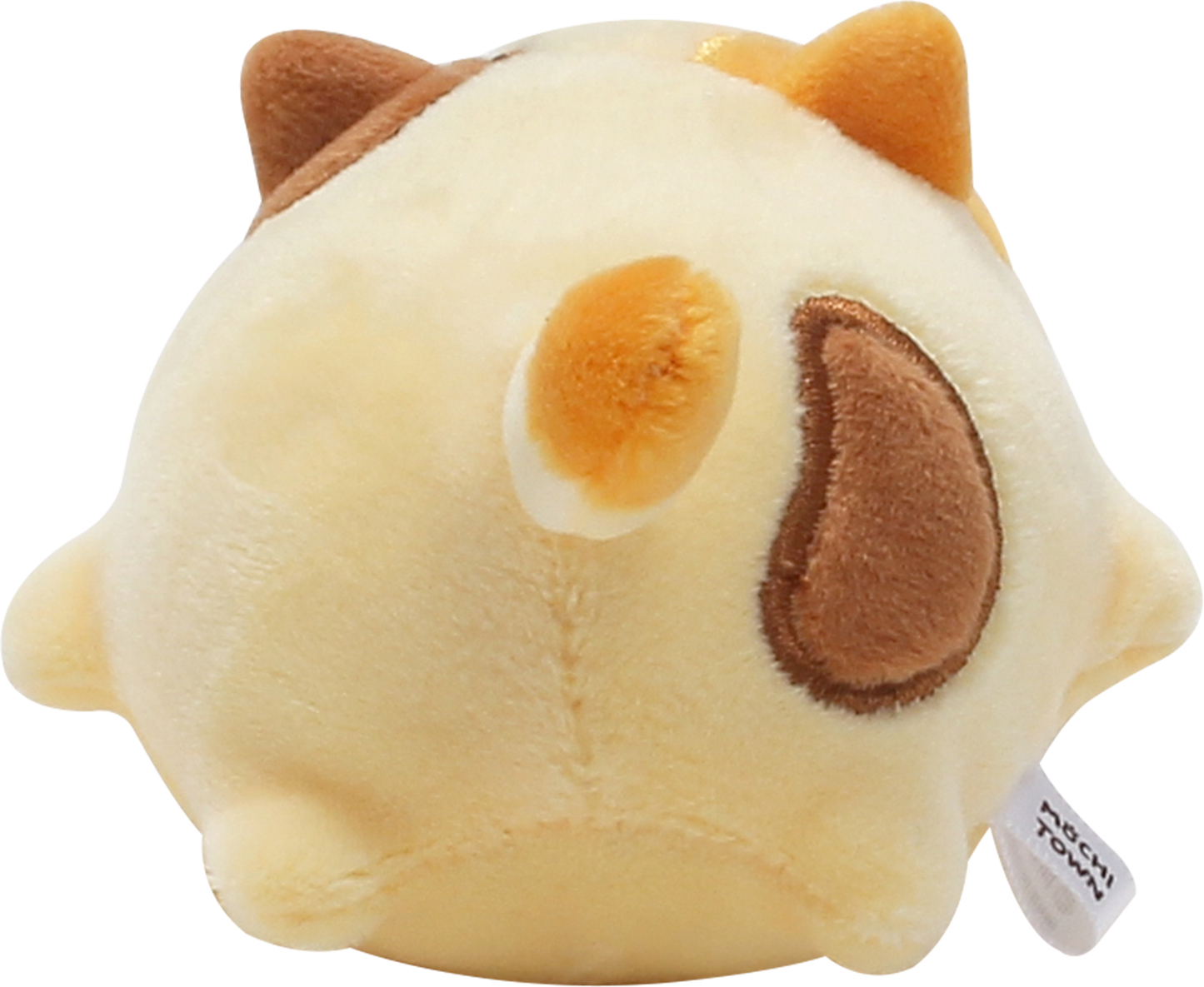 Back view of Cheese, a calico cat plush.