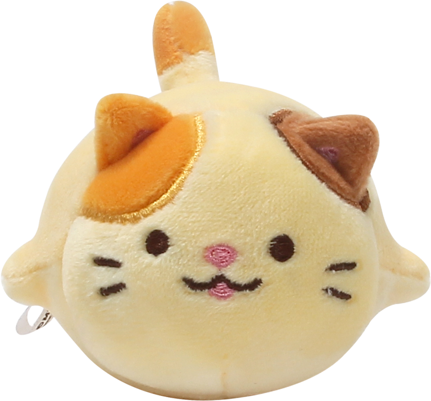 Front view of Cheese, a calico cat plush.