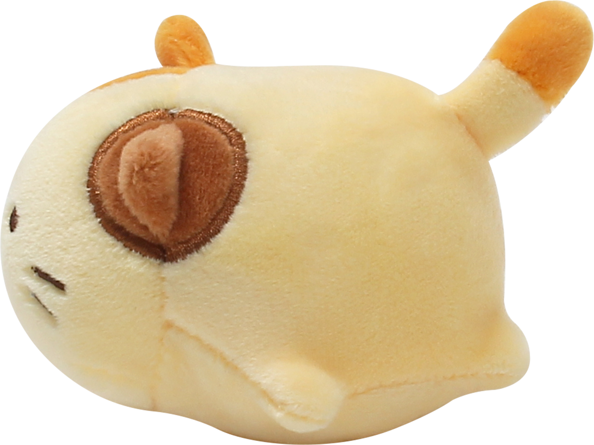 Side view of Cheese, a calico cat plush.