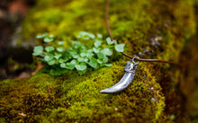 Load image into Gallery viewer, Silver badger claw pendant on brown necklace cord on mossy tree log.