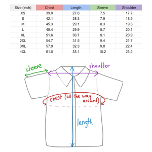 Noon Sky button-up Size chart. The chest measures all the way around. The length is from the back of the collar to the bottom of the shirt. XS: Chest 39 inches, Length 27.6 inches. S: 42.1 inches chest, 28.3 inches length. Medium: 45.3 inches chest, 29.1 inches length. L: 48.4 inches chest, 29.1 inches length. XL: 51.6 inches chest, 30.7 inches length. 2XL: 54.7 inches chest, 31.5 inches length. 3XL: 57.9 inches chest, 32.3 inches length. 4XL: 61 inches chest, 33.1 inches length.