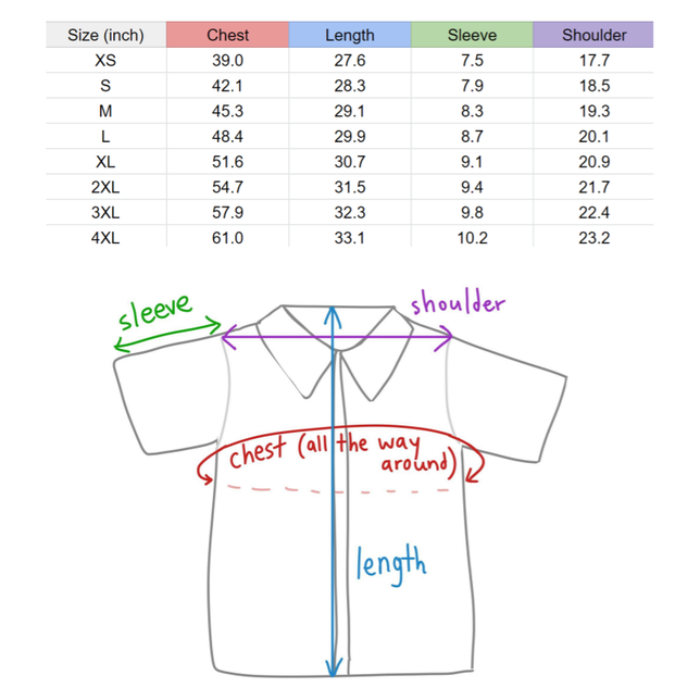 Sunset Sky button-up Size chart. The chest measures all the way around. The length is from the back of the collar to the bottom of the shirt. XS: Chest 39 inches, Length 27.6 inches. S: 42.1 inches chest, 28.3 inches length. Medium: 45.3 inches chest, 29.1 inches length. L: 48.4 inches chest, 29.1 inches length. XL: 51.6 inches chest, 30.7 inches length. 2XL: 54.7 inches chest, 31.5 inches length. 3XL: 57.9 inches chest, 32.3 inches length. 4XL: 61 inches chest, 33.1 inches length.