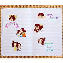 Load image into Gallery viewer, All six stickers from the Iron Widow: Trio Sticker Set used in a lined undated planner with their names written on little illustrated flags beside them. Names read: &quot;Wu Zetian, Li Shimin, and Gao Yizhi.&quot;