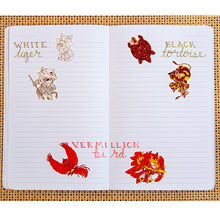 Load image into Gallery viewer, All six stickers from the Iron Widow: Mecha Sticker Set used in a lined undated planner with their names written in cursive. Names read: &quot;White Tiger, Black Tortoise, and Vermillion Bird.&quot;