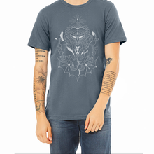 Load image into Gallery viewer, Steel Blue Daine Heraldry T-Shirt shown on model. Design is screenprinted in light grey.