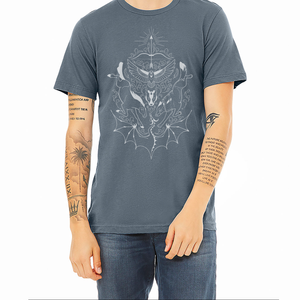 Steel Blue Daine Heraldry T-Shirt shown on model. Design is screenprinted in light grey.