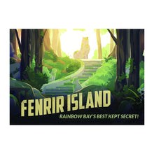 Load image into Gallery viewer, Travel postcard of stone steps in the woods leading up to sun-drenched dog. Text on postcard reads &quot;FENRIR ISLAND: Rainbow Bay&#39;s Best Kept Secret!&quot; White background