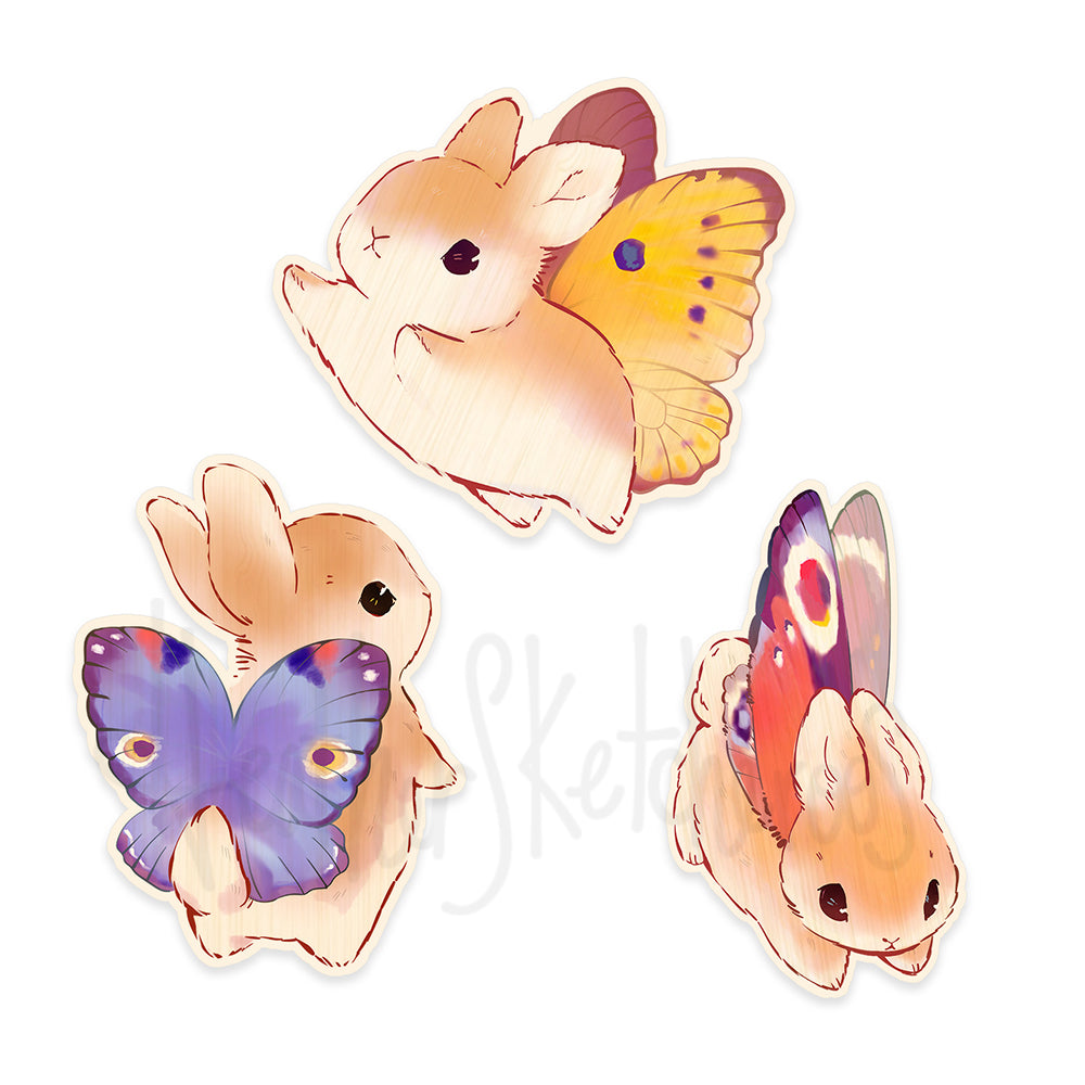 All three Bunnerfly wood stickers together on white background.