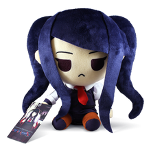 Load image into Gallery viewer, Frowning VA-11 HALL-A Jill plush has deep indigo hair and sits on a white background in front view in a red tie and white puff sleeves.