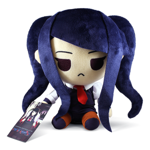 Frowning VA-11 HALL-A Jill plush has deep indigo hair and sits on a white background in front view in a red tie and white puff sleeves.