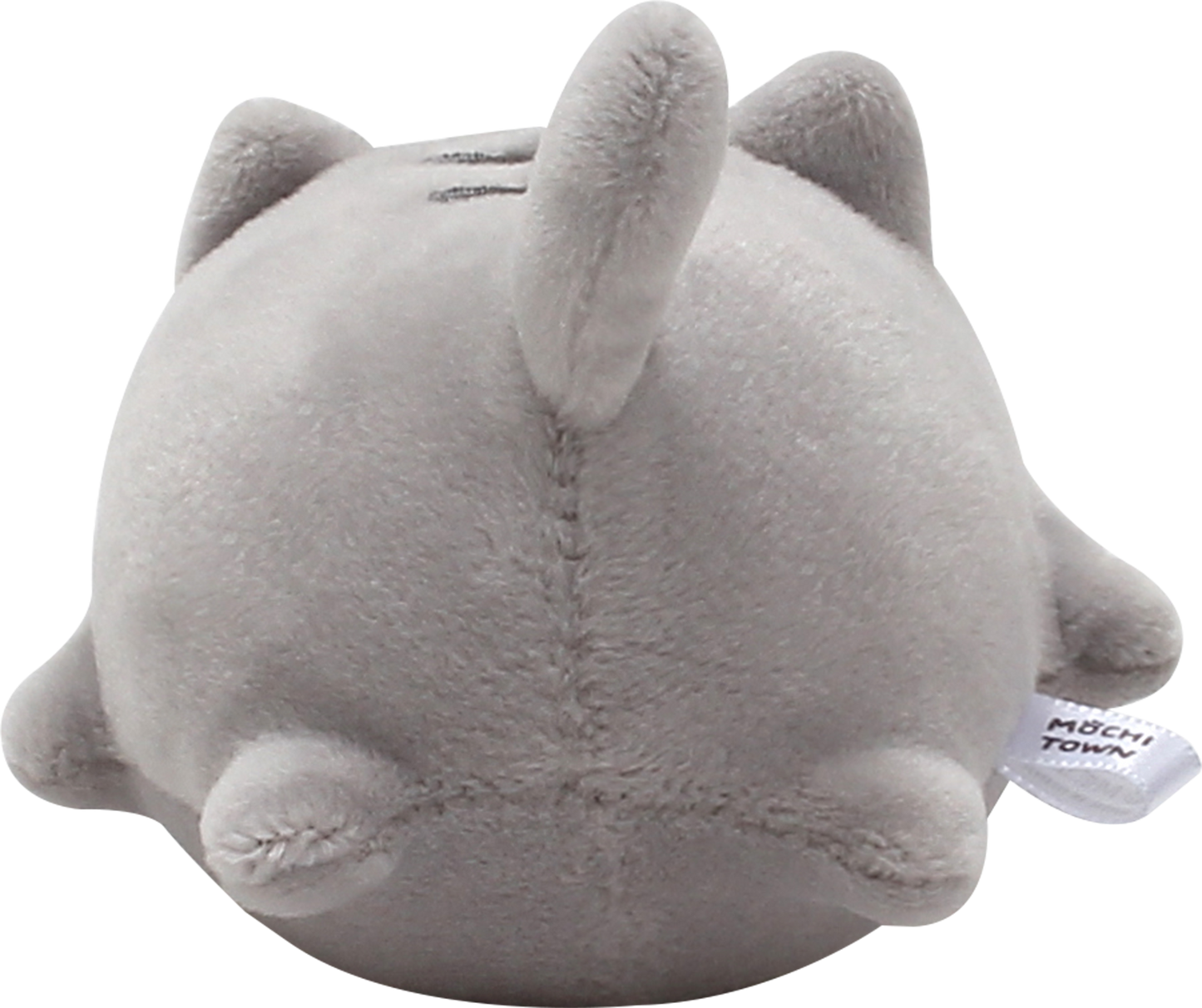 Back view of Mackerel, a grey and white cat plush.