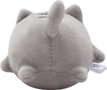 Load image into Gallery viewer, Back view of Mackerel, a grey and white cat plush.