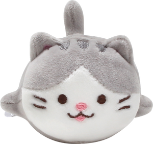 Front view of Mackerel, a grey and white cat plush.
