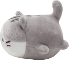 Load image into Gallery viewer, Side view of Mackerel, a grey and white cat plush.