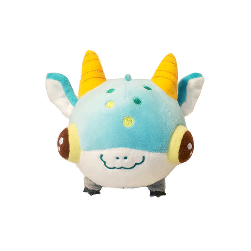 Front view of teal, white, and yellow Meep the Dwagon plush on white background.