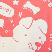Load image into Gallery viewer, Closeup of the dog&#39;s face, licking his chops, on the Motivated By Treats t-shirt.