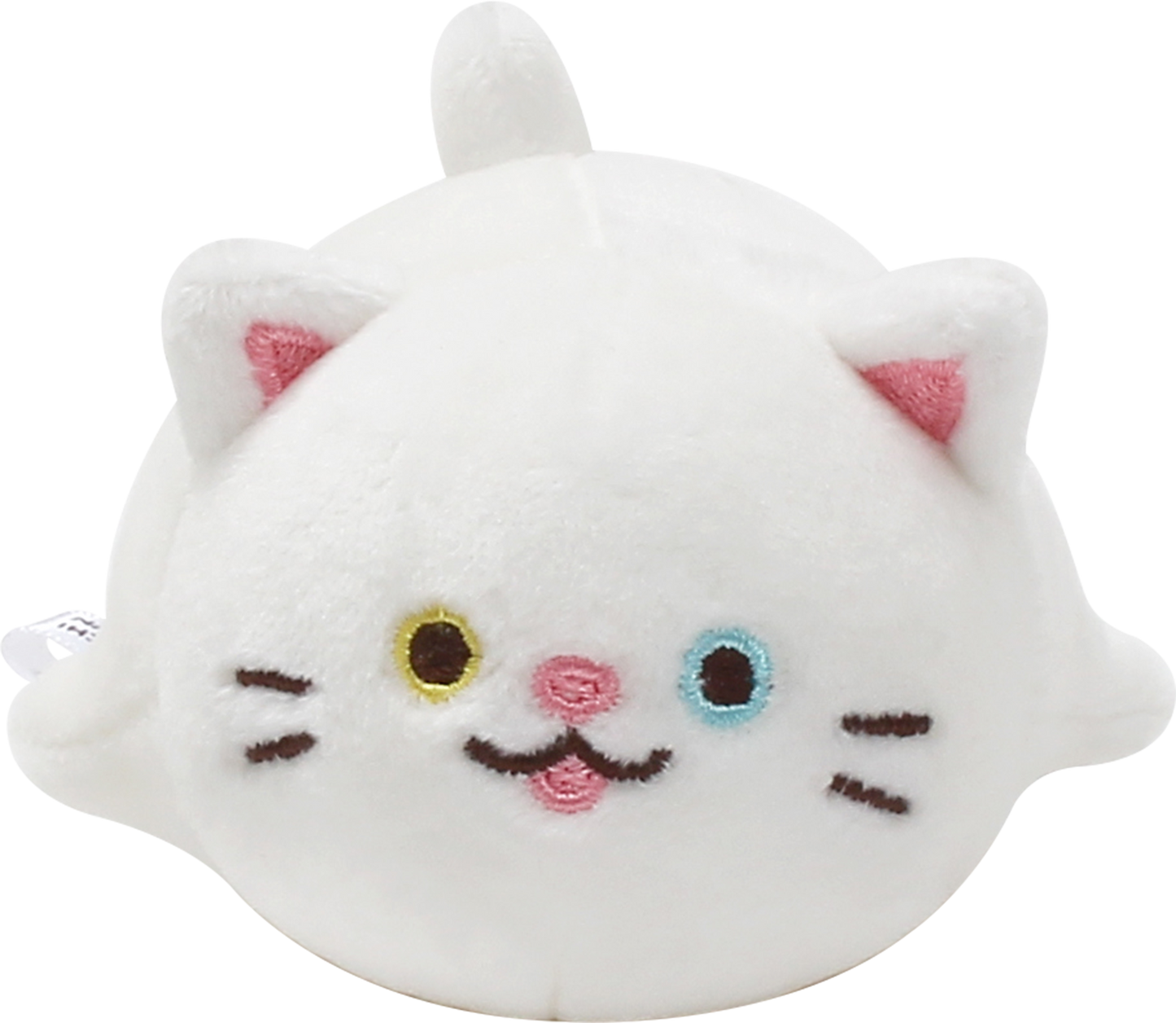 Front view of Odd, a white cat plush.