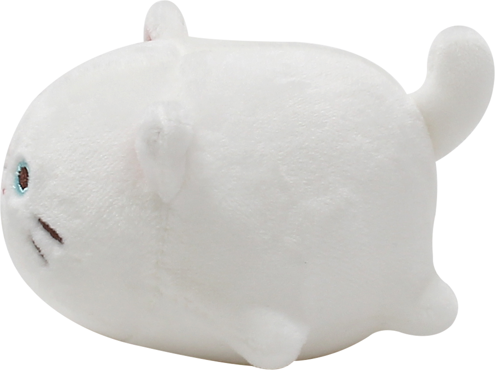 Side view of Odd, a white cat plush.