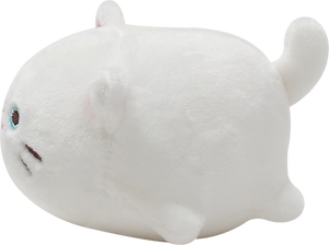 Side view of Odd, a white cat plush.