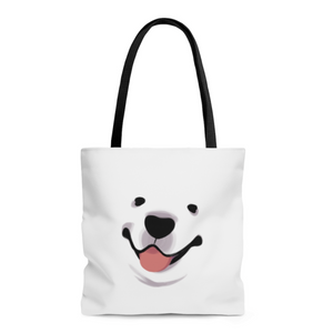 White tote with details of Cloud the dog's face and black handle