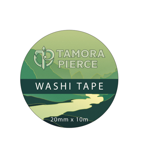 Side mockup of mountainous green Tamora Pierce washi tape label.