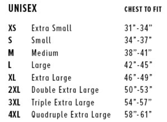 Unisex size guide for Undermine Selt Tee