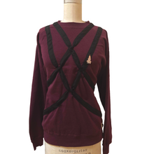 Load image into Gallery viewer, Front view of Shibari Sweater - maroon with black wraps - on dressform.