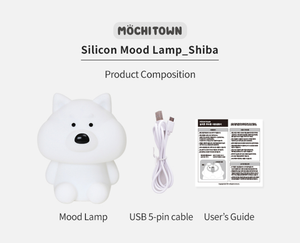Product composition of the Silicon Mood Lamp, showing that the package includes the mood lamp, a usb 5-pin cable, and a user's guide.